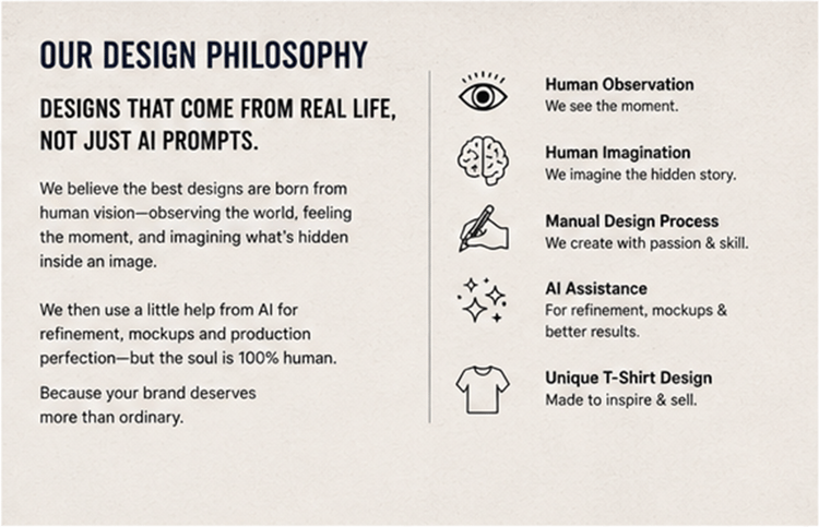 Creative workspace with concept sketches, inspiration photos, and human-centered T-shirt design philosophy.
