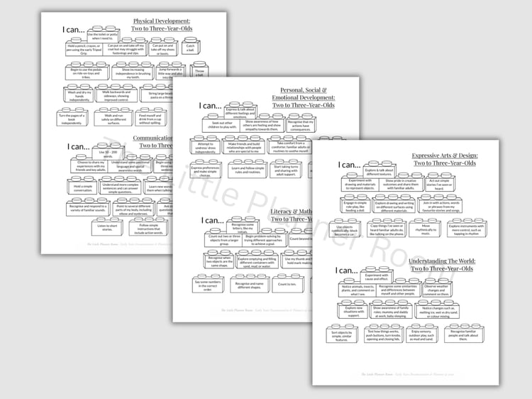 EYFS Two to Three‑Year‑Olds Developmental Milestones printable PDF showing A4 charts with ‘I can…’ statements across Physical Development, Communication and Language, PSED, Literacy and Mathematics, Expressive Arts and Design, and Understanding the World