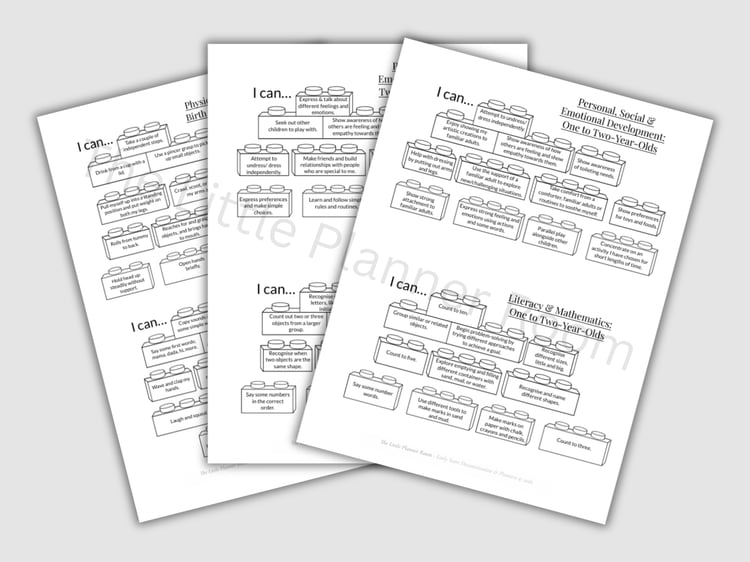 EYFS Developmental Milestones Building Blocks printable PDFs for Birth to One, One to Two, Two to Three, and Three to Four years, featuring A4 charts with ‘I can…’ statements across all early years learning areas.