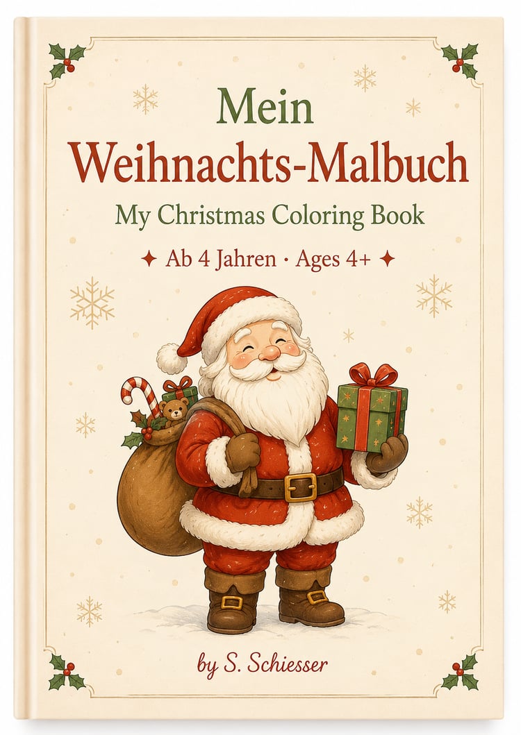 Christmas coloring book for kids ages 4+, printable PDF with Santa and festive winter illustrations