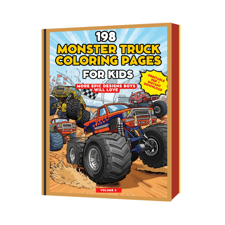 198 monster truck illustrations, New designs from Volume 1, Suitable for ages 4-12, Print and reuse anytime, Instant PDF download