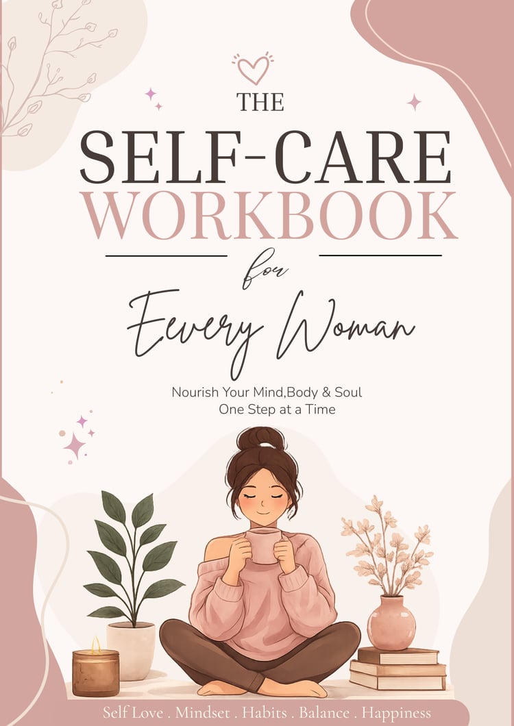 An elegant, beautifully structured digital workbook title page displaying 'Self-Care for Every Woman: Habits & Rituals' with minimalist line art of a calm woman holding a warm cup, styled in soft aesthetic beige, rose gold, and cream tones.