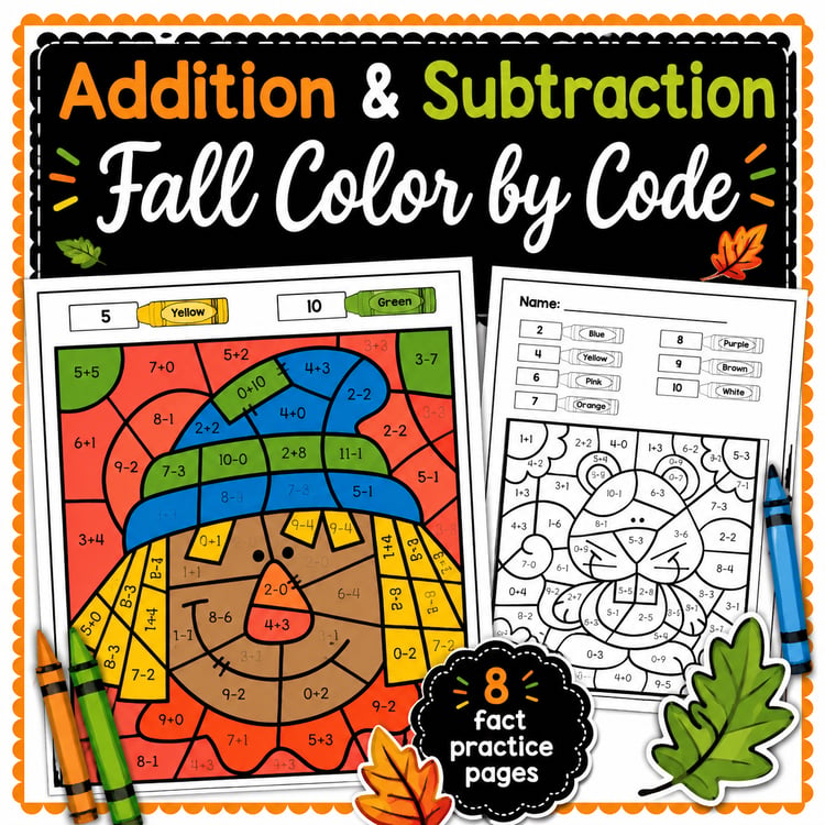 Fall Color-by-Code | Addition & Subtraction Facts Math Worksheets
