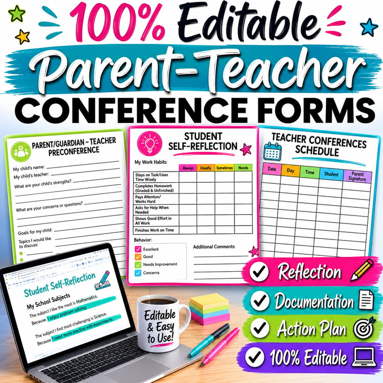 Editable Parent-Teacher Conference Forms | Notes, Reminders & Student Self-Reflection Templates