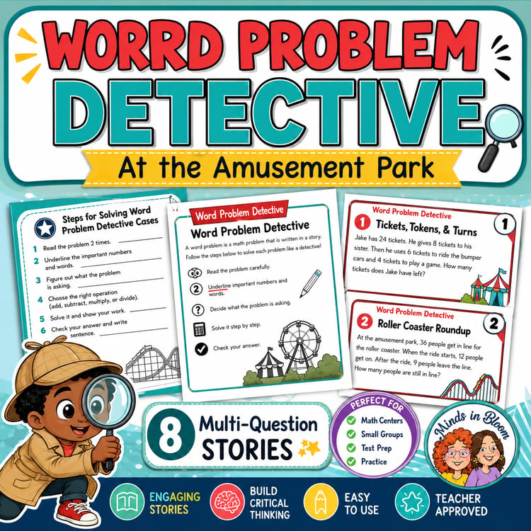 Word Problems Detective | Multi-Step Story Problems Worksheets & Task Cards