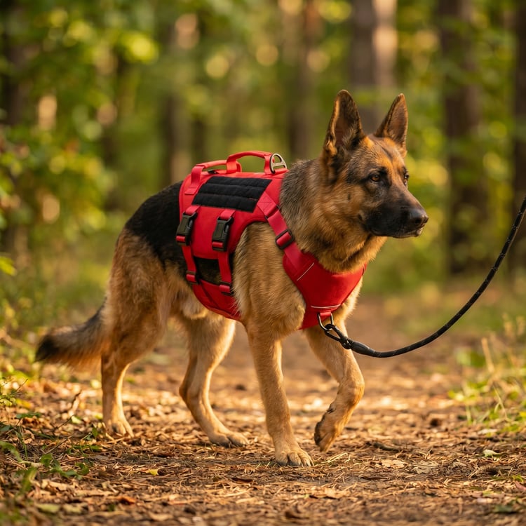 German Shepherd dog wearing Red Tactical Dog Harness walking on forest trail front clip attached no-pull design