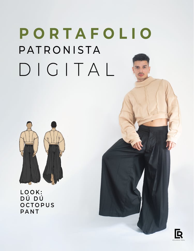 portafolio, diseñador, moda, patronista, digital, eduardo, real, ficha, técnica, dibujo, técnico, escalado, pantalones, suéter