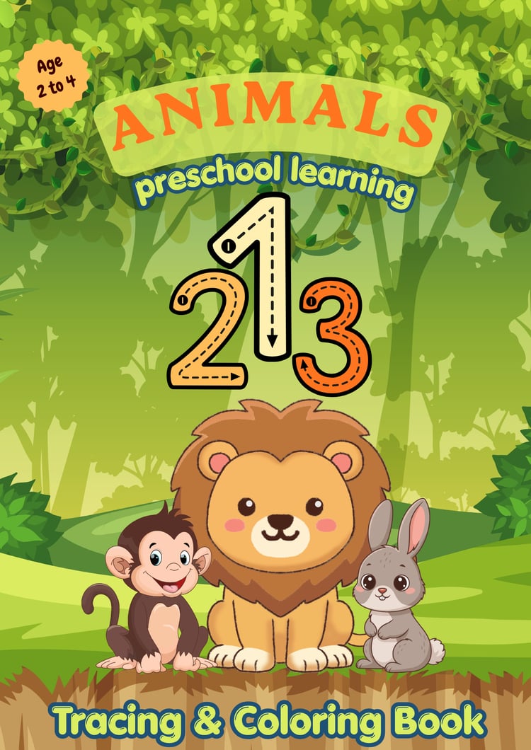 A bright and colorful promotional thumbnail showcasing a digital children's workbook cover titled "ANIMALS 123 Preschool Learning Tracing & Coloring Book" next to three sample printable worksheets featuring number tracing and cute animal coloring pages.