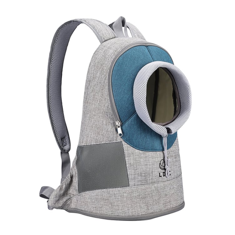 Person wearing Blue Shoulder Pet Bag on front with small dog inside legs out walking in sunny park