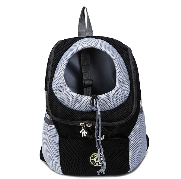 Pet Shoulder Bag in Black front view portable chest backpack for cats and small dogs on white background