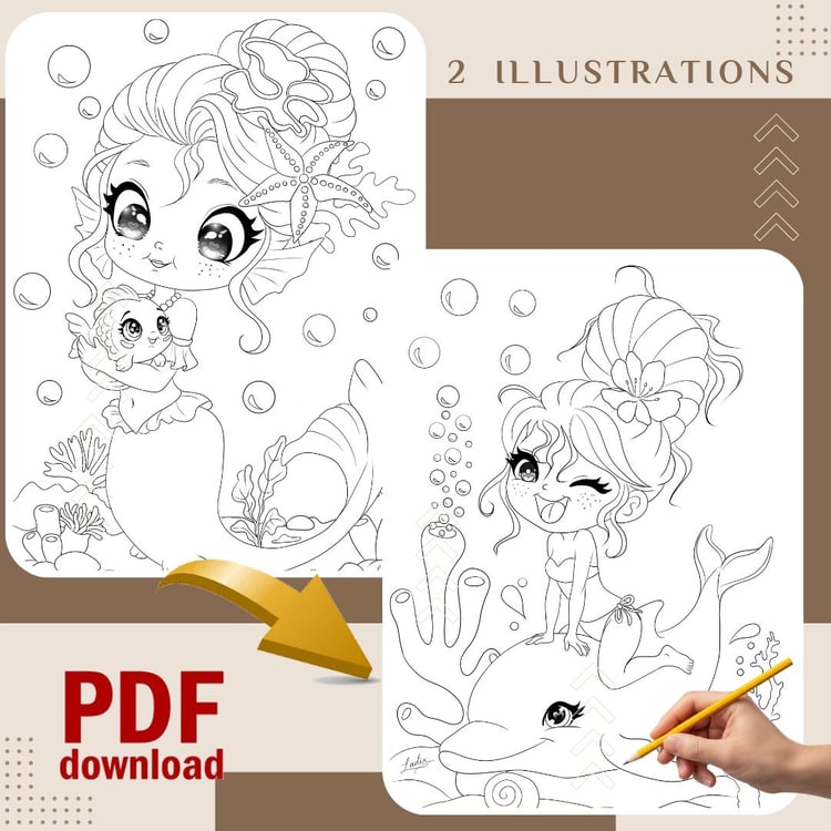 Murmures de l’Océan – Pack de 2 Sirènes à Colorier | Pages à Colorier Adultes & Enfants | Illustration Sirène PDF | Coloriage Océan Fantaisie