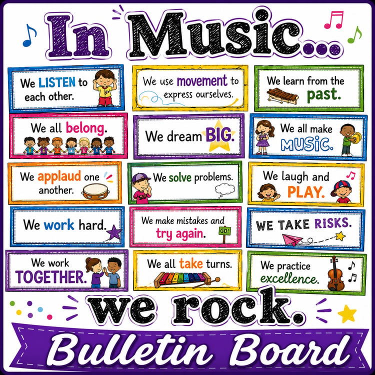 Music Bulletin Board | “In Music We Rock” Classroom Rules & Decor