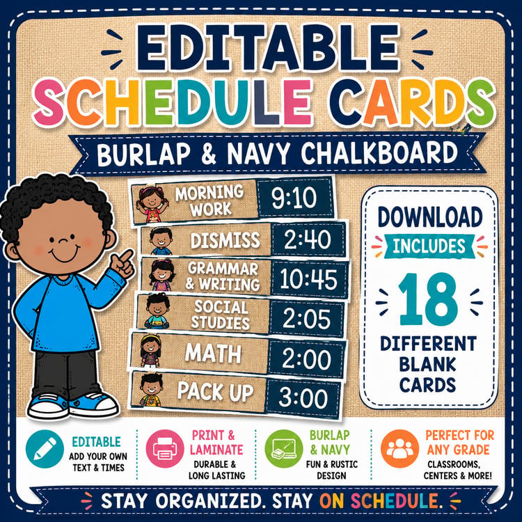 Editable Navy & Burlap Schedule Cards | Classroom Organization & Daily Schedule Labels