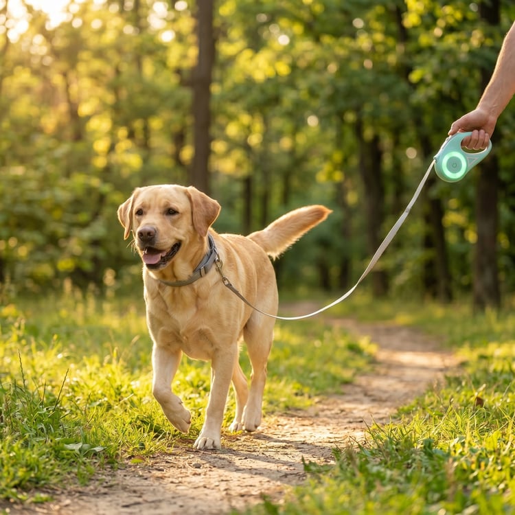 Golden Labrador walking in park with green retractable leash extended owner hand holding handle