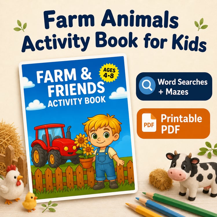 "Farm Animals Activity Book for Kids" promo graphic for a printable PDF activity book. The cover says "Farm & Friends Activity Book" and "Ages 4-8" with a child, red tractor, sunflowers, cow, chicken, chick, hay, pencils, and labels reading "Word Searches