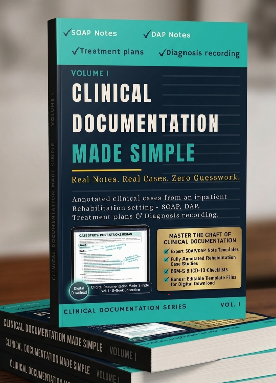 A professional 3D book mockup of Clinical Documentation Made Simple (Volume I) showcasing its deep blue and teal cover design with prominent white lettering, a gold expert feature badge, and a realistic stacked layout on a wooden desk.