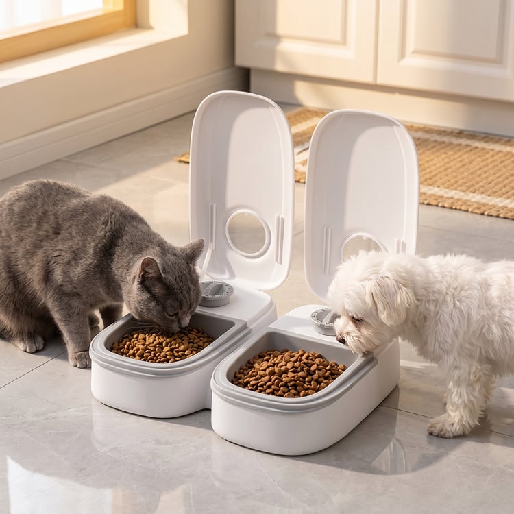 Gray cat eating from Automatic Pet Feeder in Gray Single meal on kitchen floor
