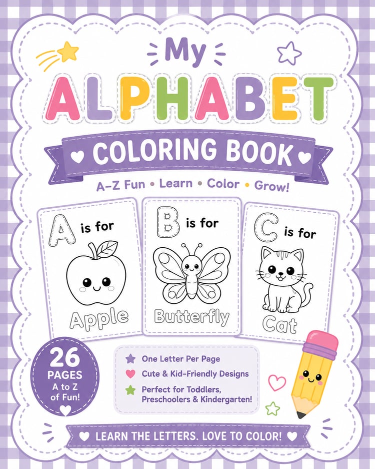Alphabet coloring book for kids printable PDF A-Z learning activity book for toddlers preschool and kindergarten