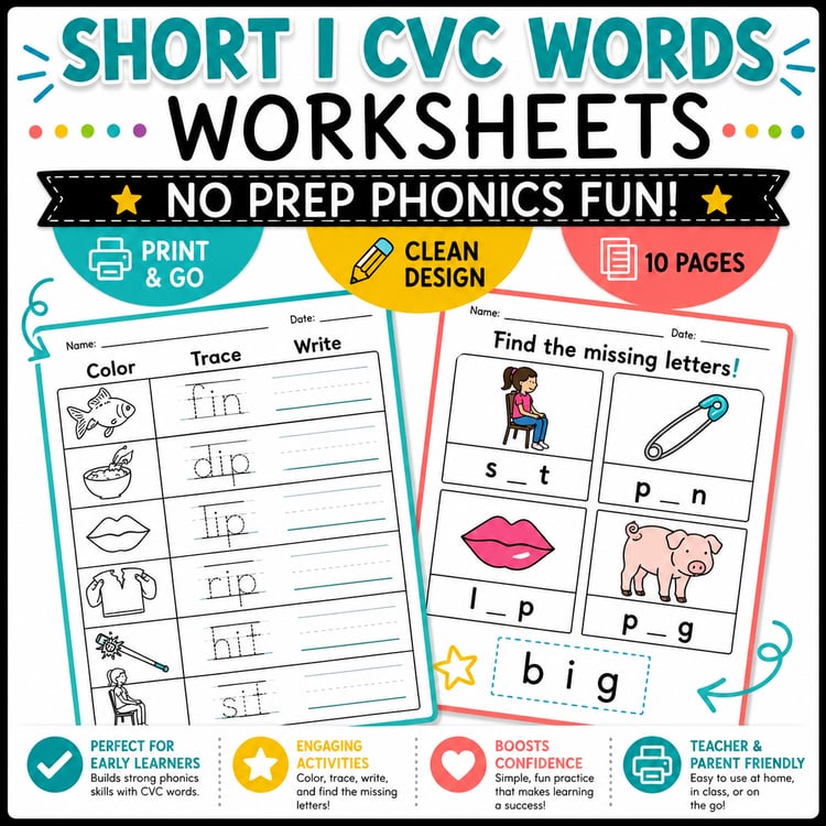 No-Prep Short I Worksheets | CVC Word Work & Short Vowel Phonics Activities