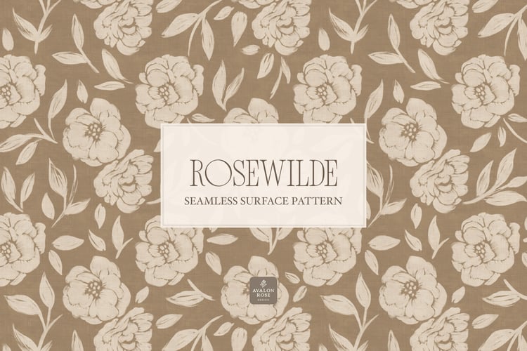 Cottage style beige and tan seamless surface pattern featuring roughly painted tossed roses and leaves with a linen texture.