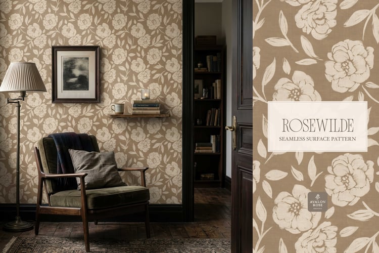Cottage style beige and tan seamless surface pattern featuring roughly painted tossed roses and leaves with a linen texture on living room wallpaper