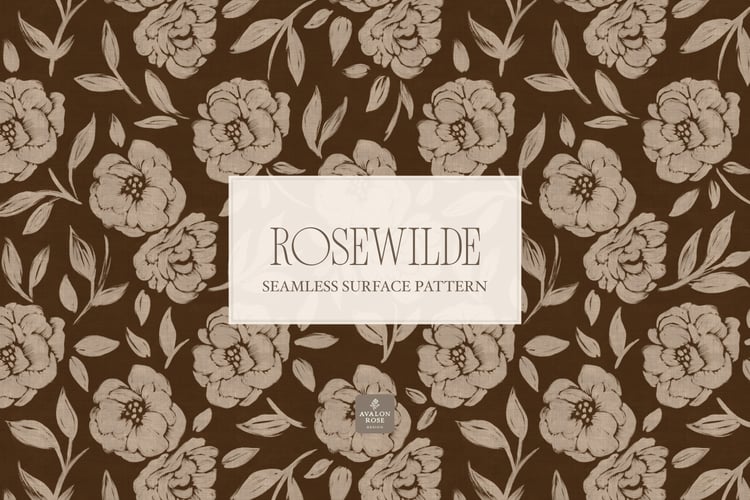Cottage style beige and dark brown  seamless surface pattern featuring roughly painted tossed roses and leaves with a linen texture.