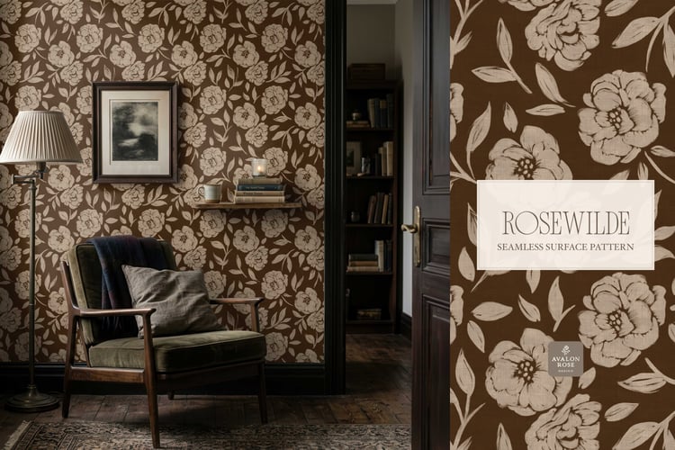 Cottage style beige and dark brown  seamless surface pattern featuring roughly painted tossed roses and leaves with a linen texture on living room wallpaper