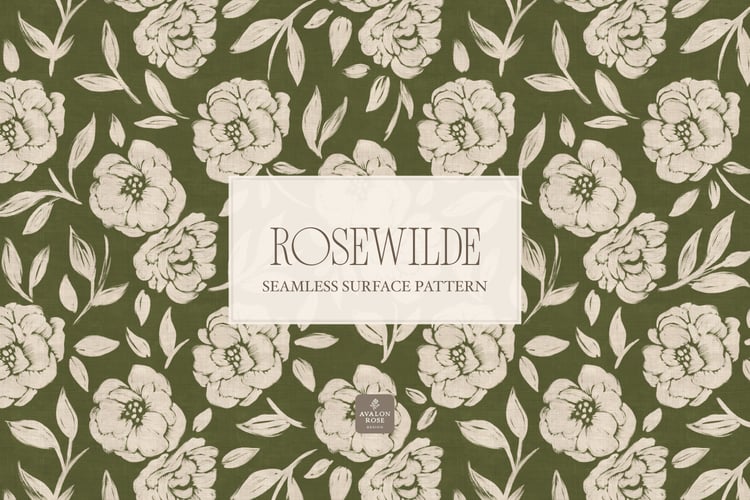 Cottage style beige and olive green seamless surface pattern featuring roughly painted tossed roses and leaves with a linen texture