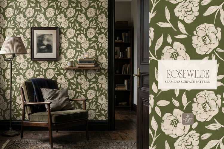 Cottage style beige and olive green seamless surface pattern featuring roughly painted tossed roses and leaves with a linen texture on living room wallpaper