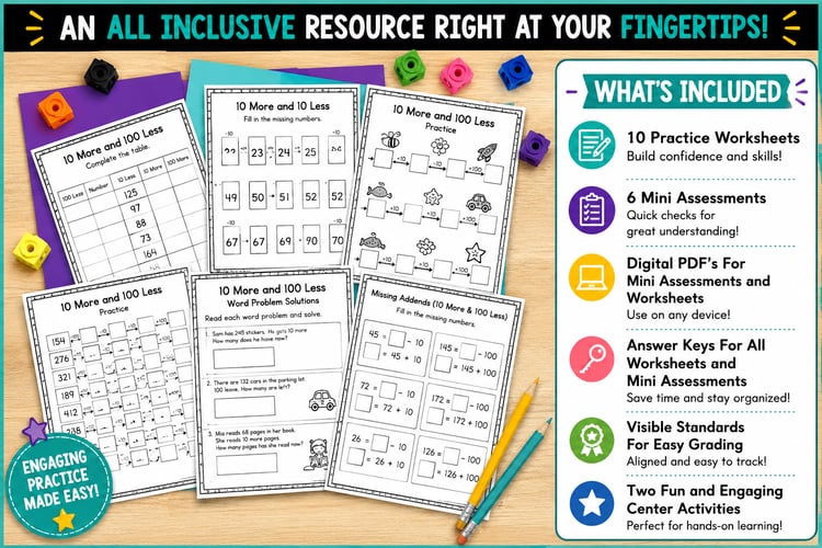 10 More, 10 Less & 100 More, 100 Less | Activities, Centers & Math Practice