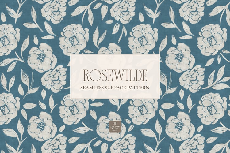 Cottage style teal blue seamless surface pattern featuring roughly painted tossed roses and leaves with a linen texture