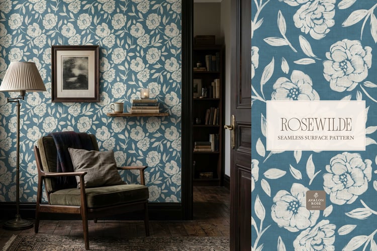 Cottage style teal blue seamless surface pattern featuring roughly painted tossed roses and leaves with a linen texture on living room wallpaper