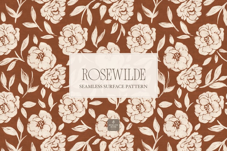 Cottage style rust red orange seamless surface pattern featuring roughly painted tossed roses and leaves with a linen texture