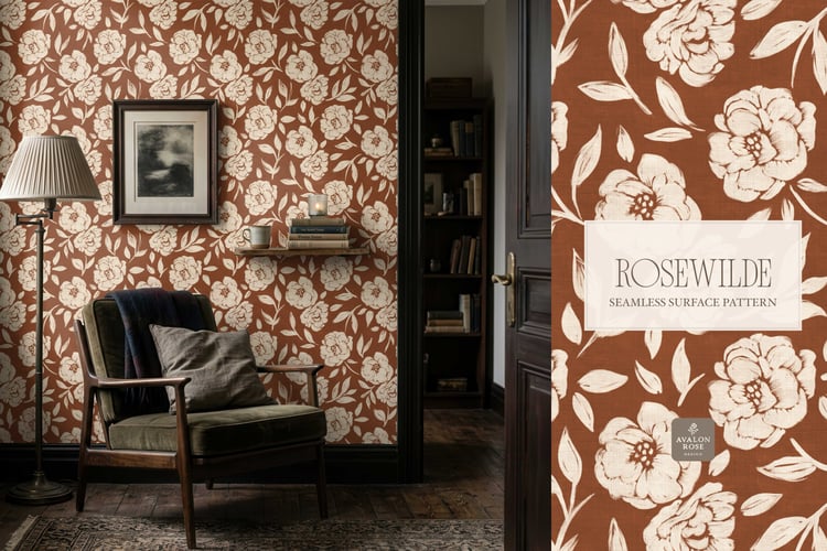Cottage style rust red orange seamless surface pattern featuring roughly painted tossed roses and leaves with a linen texture on living room wallpaper