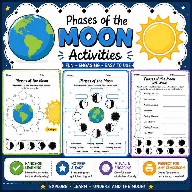 Phases of the Moon Activities | Cut-and-Paste, Matching & Spanish Version Included