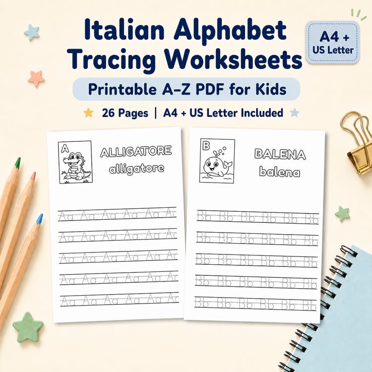 Italian alphabet tracing worksheets for kids printable A4 and US Letter PDF.