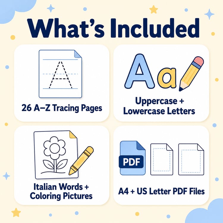 What is included in Italian alphabet tracing worksheets with A4 and US Letter sizes.