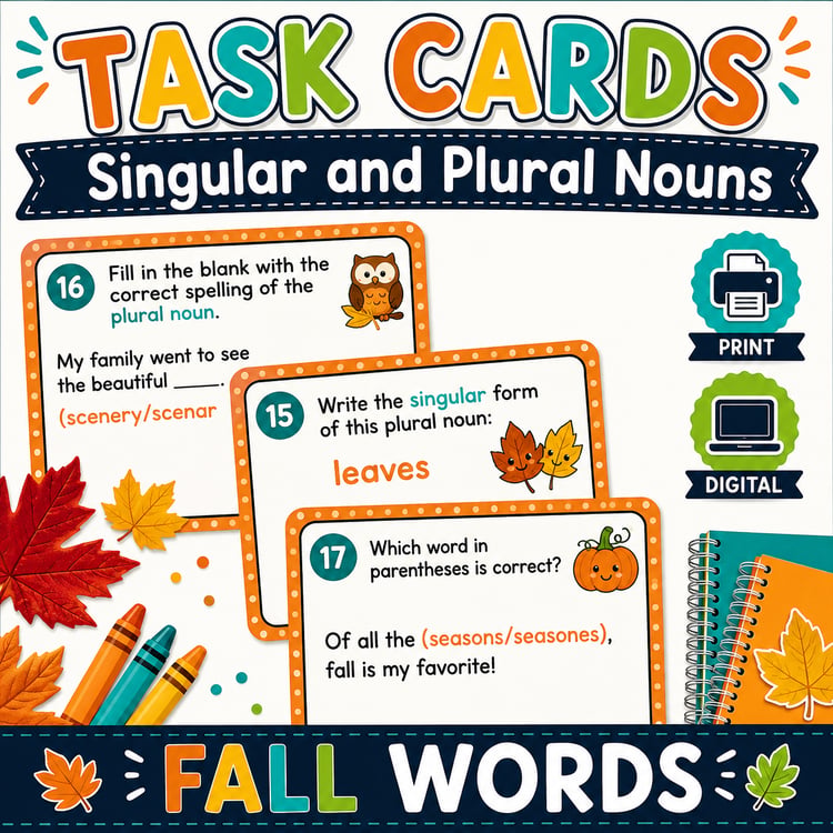 Singular & Plural Nouns Activities | Fall-Themed Task Cards, Centers & Practice