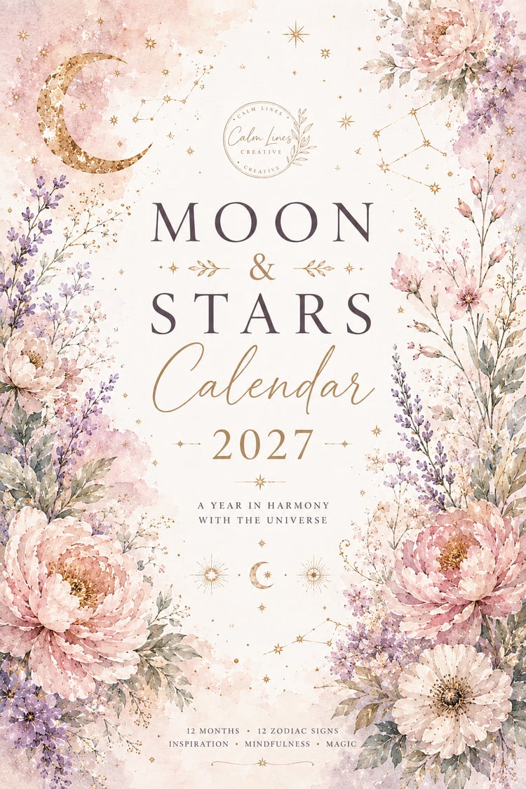 Moon & Stars Calendar 2027 printable zodiac calendar cover with elegant watercolor flowers and celestial design.