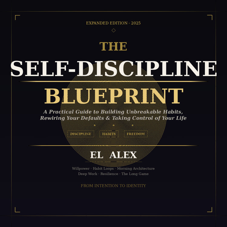 PRODUCT COVER The Self-Discipline Blueprint book cover — Expanded 2025 edition by El Alex. A Practical Guide to Building Unbreakable Habits, Rewiring Your Defaults and Taking Control of Your Life. PDF ebook.
