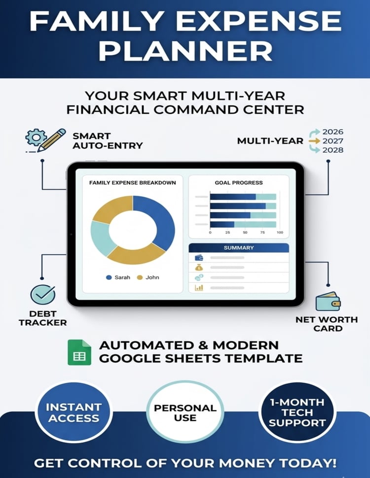 Vertical promo cover image for Family Expense Planner Google Sheets template highlighting smart auto-entry, multi-year tracking, charts, and 1-month tech support.