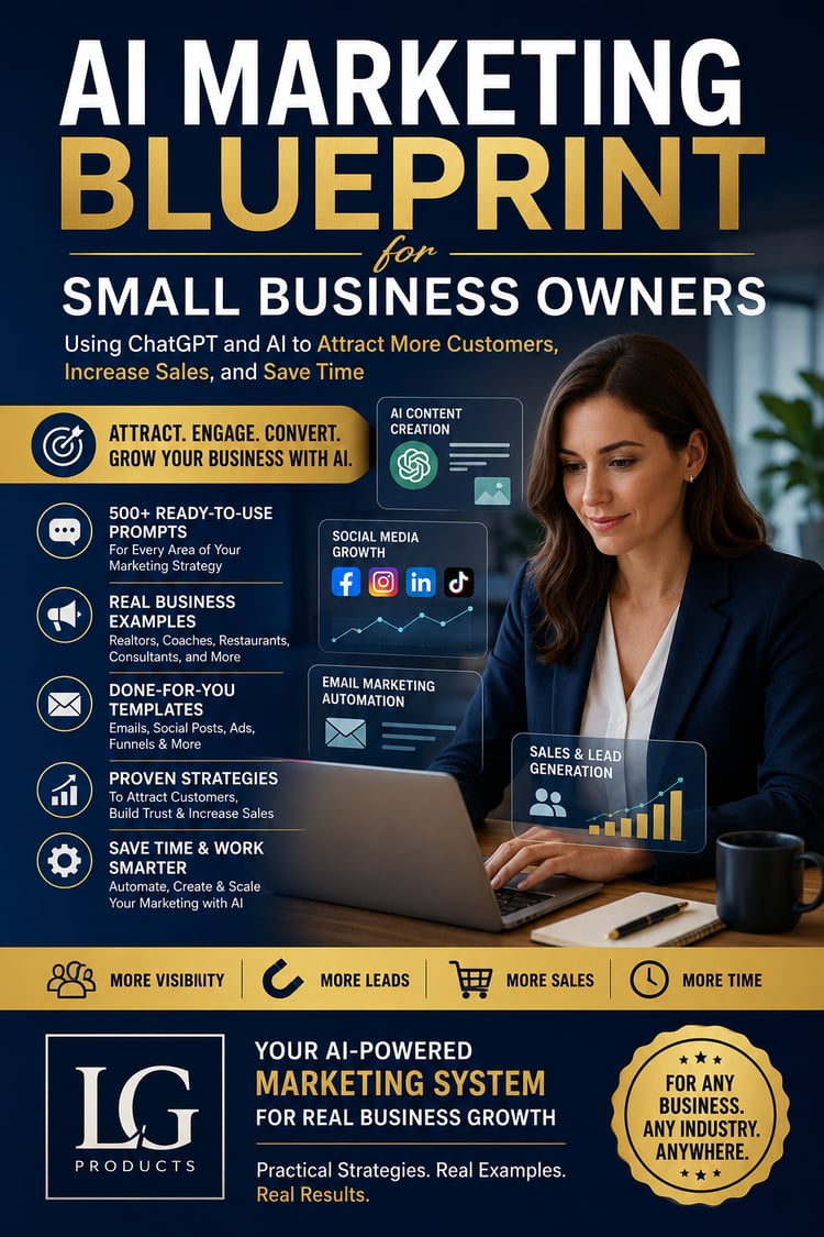 AI Marketing Blueprint for Small Business Owners by LG Products — a 250-page premium digital workbook featuring 500+ ready-to-use ChatGPT prompts, 10 complete marketing chapters, 7 business workbooks, and a 30-day action plan. Navy blue and gold cover des