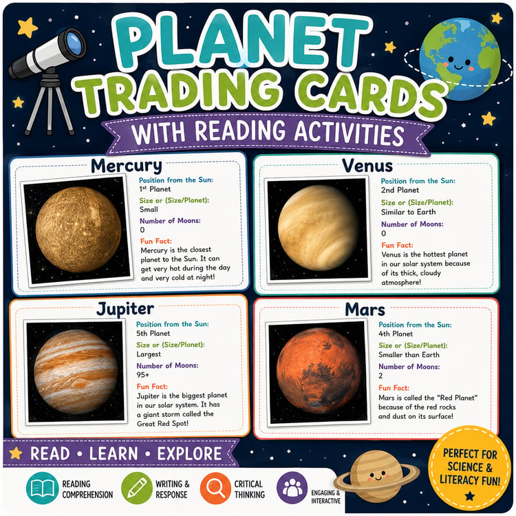 Planets Trading Cards | Reading Comprehension & Solar System Activities