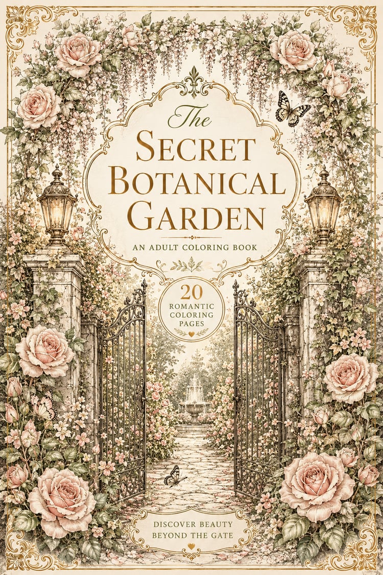 Printable Secret Botanical Garden coloring book with beautiful floral gardens, vintage archways and peaceful botanical illustrations. 20 relaxing coloring pages in A4 PDF format for adults. Instant digital download.