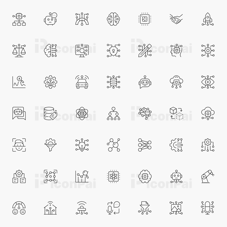 AI & Machine Learning Icons – Thin line style preview featuring 50 artificial intelligence and data science icons.
