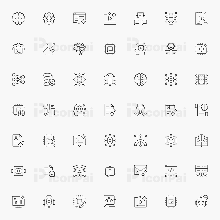 AI Core Systems & Language Icons – Thin line style preview featuring AI, NLP, neural network, and language model icons.