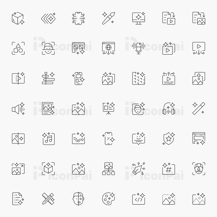 AI Creative Icons – Thin line style preview featuring AI image generation, media editing, and creative tool icons.