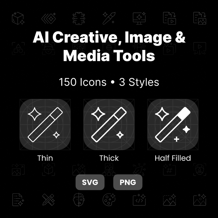 AI Creative, Image & Media Tools Icons Pack featuring 150 AI design, image generation, video creation, and content creation icons in three styles.