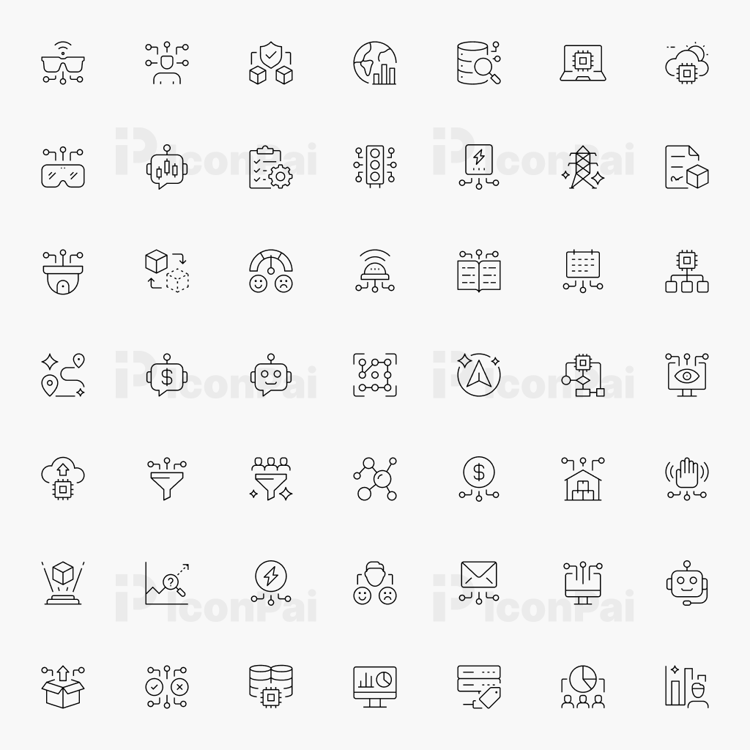 AI Data & Emerging Technologies Icons – Thin line style preview of 50 artificial intelligence, analytics, and future technology icons.