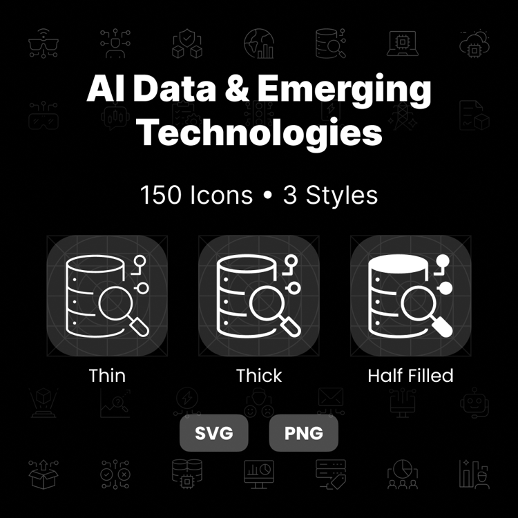 AI Data & Emerging Technologies Icons Pack featuring 150 modern AI, machine learning, data science, automation, and innovation icons in 3 styles.